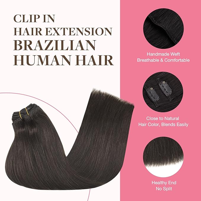 GOO GOO Clip in Hair Extensions Real Human Hair, Remy Human Hair Extensions Clip ins for Women, Natural Human Hair, 20inch 150g 9Pcs, 2 Dark Brown