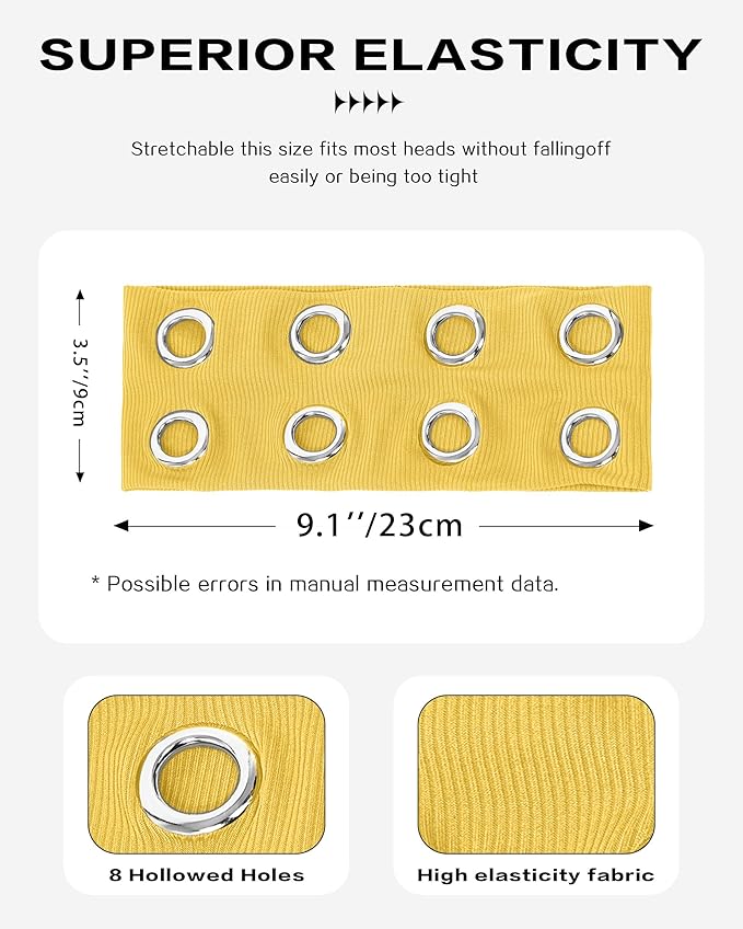 Grommet Headband for Women, Yellow 23cm Hollow Out Elastic Hair Band, Eyelets Punk Grunge Stylish Hairband
