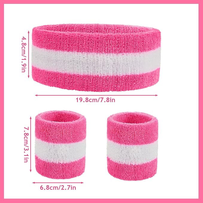 3 Pcs Sweat Band Set, 1 Pcs Headband and 2Pcs Wristbands, Pink Strips Sweatbands for Women Sports Fitness 80s Costumes Accessories(Pink)