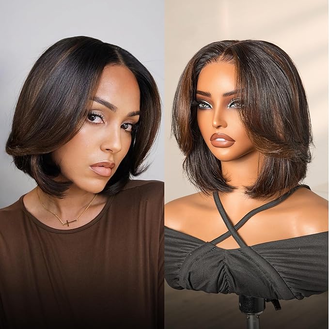 LUVME HAIR 5X5 Layered Cut Bob Wig 100% Human Hair Wigs Glueless 10 Inches Bob Pre Cut Plucked Lace Short Wig Ready To Go Bleached Knots Middle Part Brown Highlight Wigs
