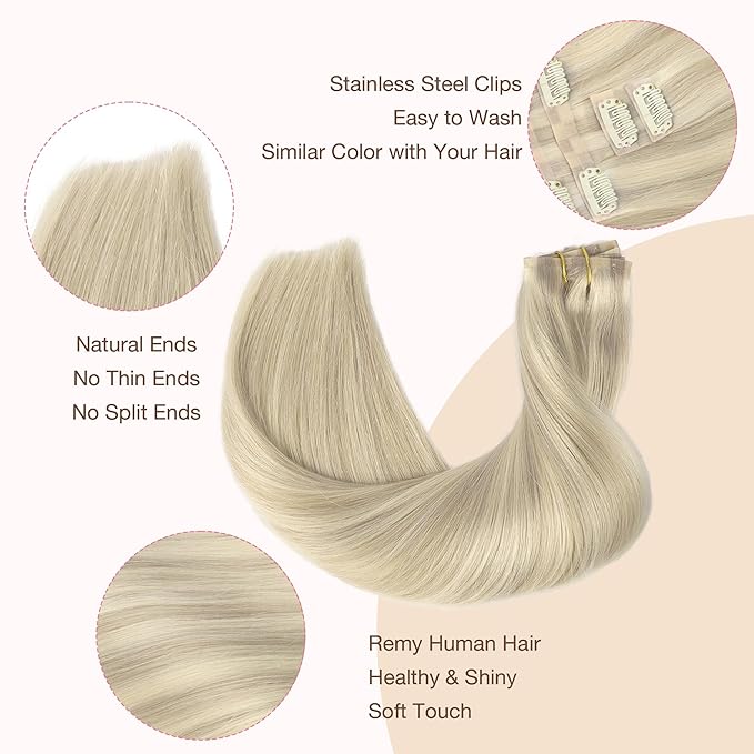 GOO GOO Clip in Hair Extensions Real Human Hair, Remy Human Hair Extensions Clip ins for Women, Natural Human Hair, 20inch 110g 7Pcs, 17A/60A Ash Blonde Highlighted Platinum Blonde