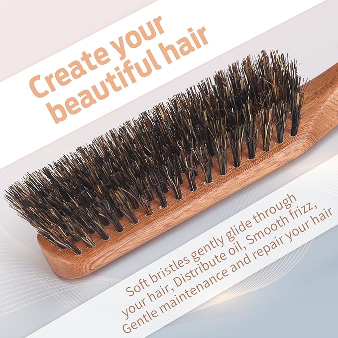 BRUSHZOO Hair Brush, Boar Bristle Hair Brush for Women Men Short Thin Fine Hair, Beech Handle Hairbrush for Styling Smoothing