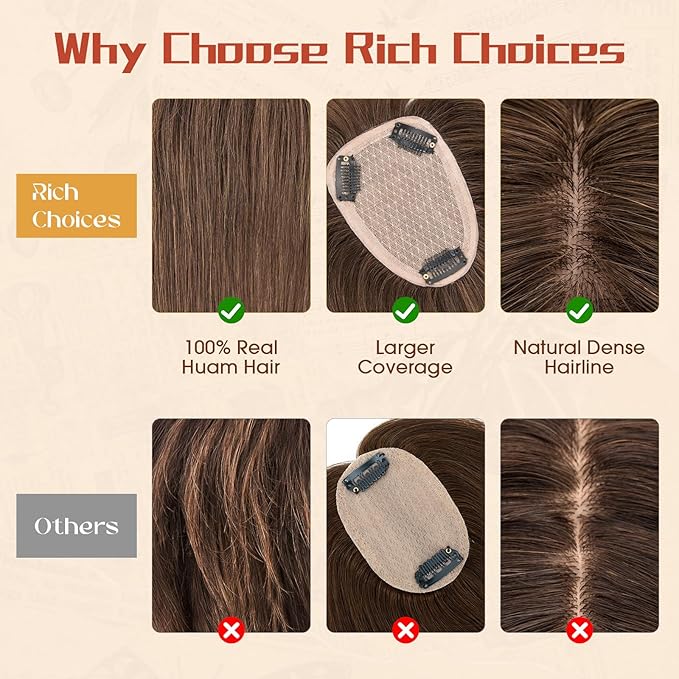 Rich Choices Human Hair Toppers for Women-100% Real Remy Hair Topper with 3D 360°Bang-Upgraded 150% Density 9 * 12CM Lace Base-Clip in Hairs topper for Thinning Hairs-14Inch #2R Chocolate Brown