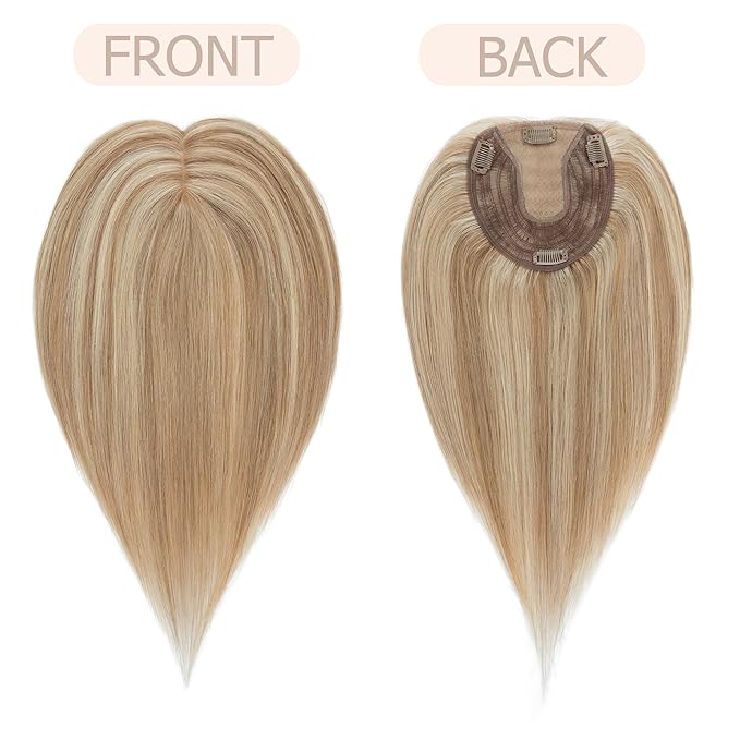 Hair Toppers for Women Real Human Hair No Bangs, 13 * 15 cm Larger Silk Base 150% Density Clip In Topper Hairpieces, Wiglet Top Pieces Add Volume -10 Inch 12P613 Golden Brown&Bleach Blonde