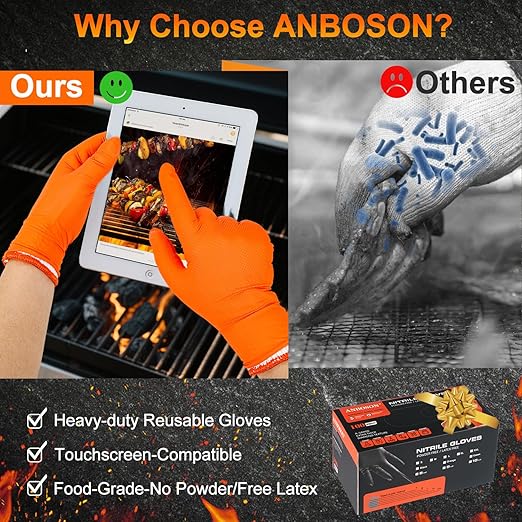 BBQ Gloves for Grilling Disposable Heat Resistant - 100 Nitrile Gloves + 4 Reusable Cotton Liners for Cooking Smoker -Orange Large