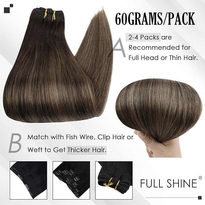 Full Shine Dark Brown Hair Extensions Clip in Human Hair 3 Pcs 60 G 20 Inch Balayage Dark Brown Straight Invisible Thin Clip in Hair Extensions