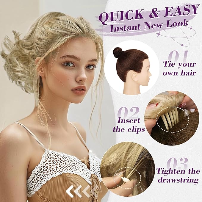BARSDAR Short Drawstring Ponytail - 10 Inch Wavy Highlight Ponytail Hair Extensions for Women - Synthetic Comb Clip in Ponytail Hairpieces Fake Pony Tails - Golden Blonde with Highlights