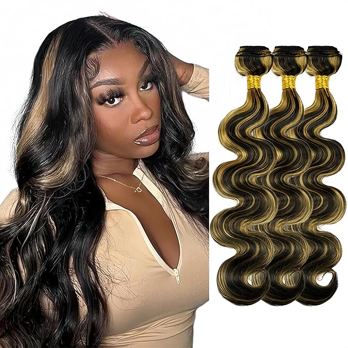 30 32 34 Inch Highlight Bundles Human Hair Ombre Blonde Body Wave Bundles Niegmeag Virgin Remy Hair Extensions 2 Tone Black and Honey Blonde Bundle
