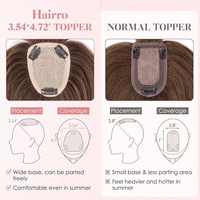 Hairro Human Hair Toppers with Wispy Bangs, 3.5x4.7" Hand-wovened Base for Women with Thinning Hair, Lightweight & Breathable Realistic Scalp, Clip-in Hairpieces for Easy Wear, 15 Inch Dark Brown