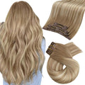 Moresoo Clip in Hair Extensions Real Human Hair Double Weft Human Hair Clip in Extensions Straight Balayage Ombre Light Brown Mixed with Golden Blonde 5pcs 80g 18inch