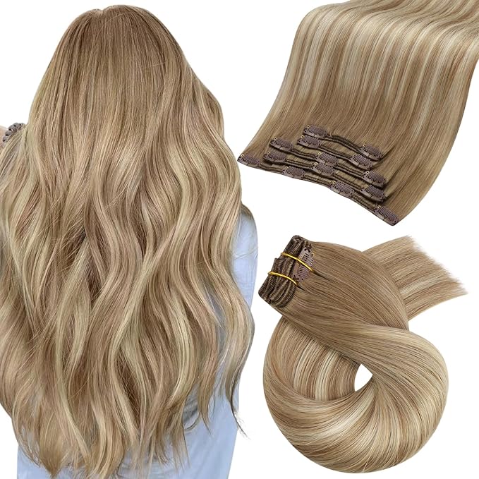 Moresoo Clip in Hair Extensions Real Human Hair Double Weft Human Hair Clip in Extensions Straight Balayage Ombre Light Brown Mixed with Golden Blonde 5pcs 80g 18inch