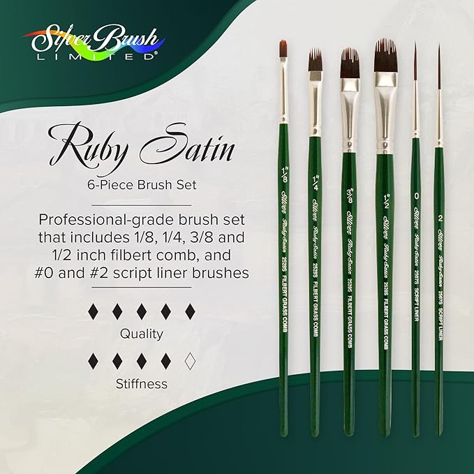 Silver Brush Limited RS-2550S Ruby Satin Short Handle Filbert Comb and Script Liner Paintbrushes with Stiff and Flexible Synthetic Bristles, 6pc Professional Artist Painting Set for Oil and Acrylic