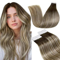 LaaVoo Hair Extensions Tape in Real Human Hair Balayage Tape in Hair Extensions Human Hair Ombre Dark Brown to Light Brown Mix Light Blonde Tape on Extensions Invisible 16inch 20pcs 50g