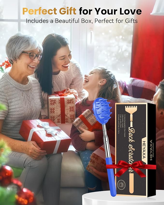 Upgraded Reinforced Telescoping Back Scratcher with 5 Detachable Heads, Larger Scratching Tips, Stocking Stuffer & White Elephant Gifts for for Men Women Adults