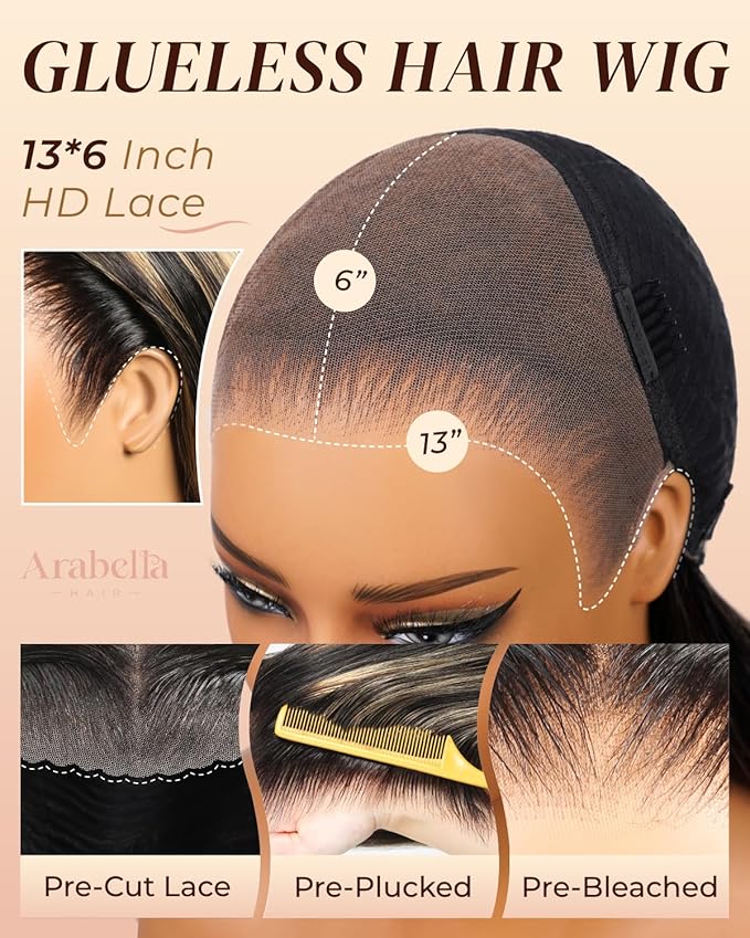 Arabella 13x6 Balayage Wig Human Hair Glueless Wigs Human Hair Pre Plucked Pre Cut 13x6 Ear to Ear Full HD Lace Front Wigs 210% Density 1B/27 Straight Wig Drawstring Wig Human Hair 30 Inch