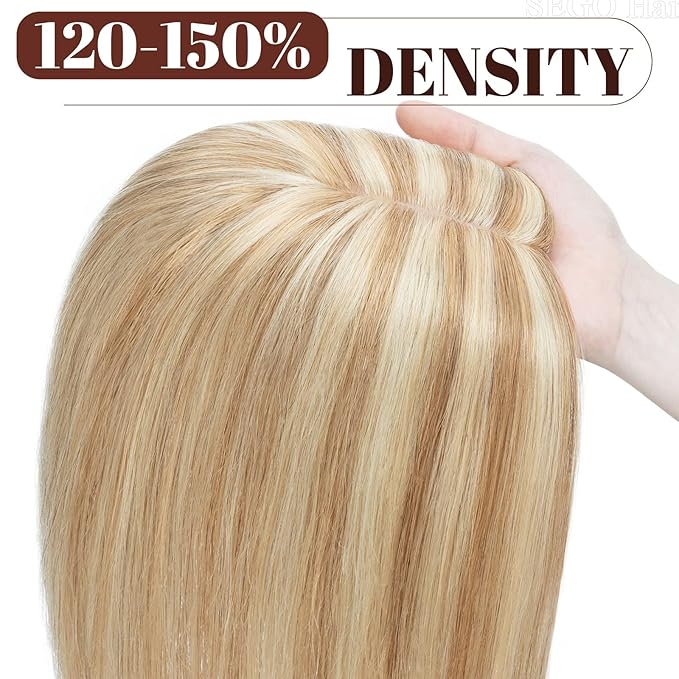SEGO Real Human Hair Topper for Women, Toppers with 4 Anti-Slip Clips with Thinning hair No Bangs (12 Inch#12P613 Golden Brown Mix Bleach Blonde)