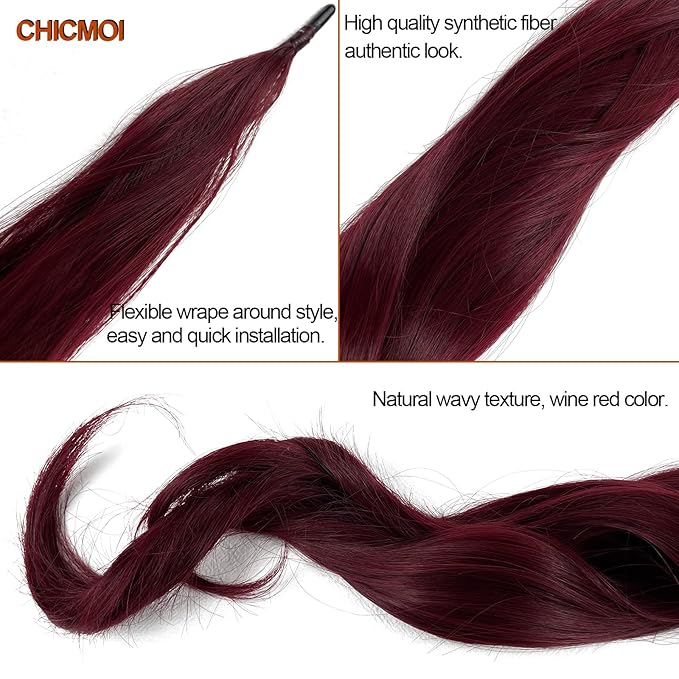 Chicmoi Burgundy Ponytail Extainson 32 Inch Flexible Wrap Around Ponytail Hair Extension Long Wavy Pony Tails hair Extension Wine Red Synthetic Hairpieces For Women and Girls
