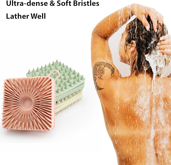 2 PC Silicone Exfoliating Body Scrubber, Silicone Body Shampoo Brush, Soft Silicone Loofah for Sensitive Skin, Shower Silicone Hair Scalp Massager, Easy to Clean, Lather Well(Gray&Pink)