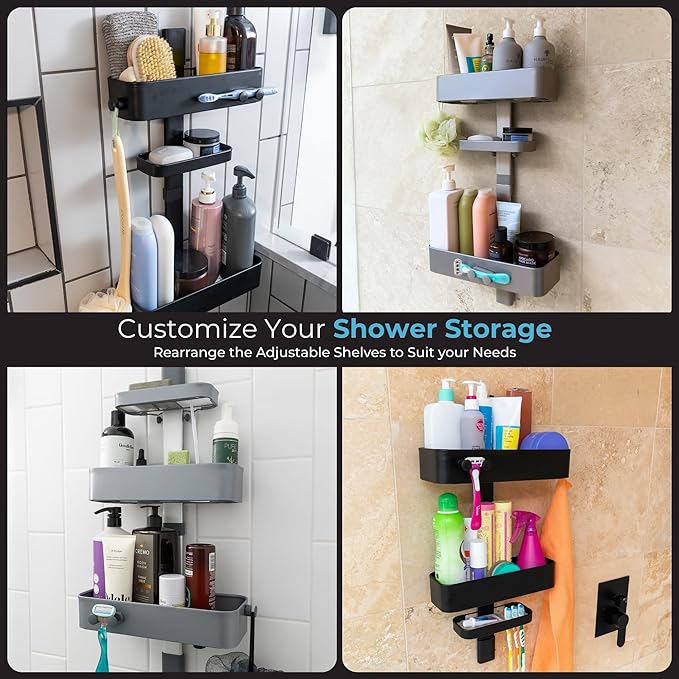 ShowerSMART Rust Resistant Hygienic Shower Caddy – Hanging Bathroom Organizer with Adjustable Shelves, Easy Clean Trays & Magnetic Hooks for DIY Remodels & Shower Niches - Black