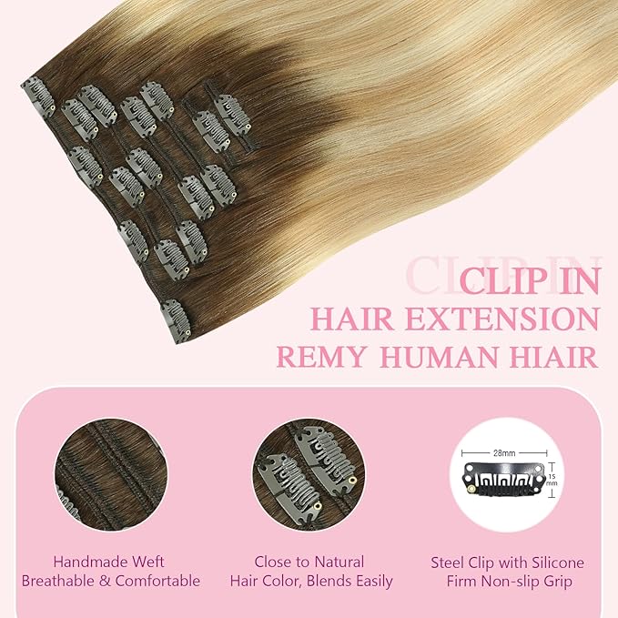 PINKPEARL Clip in Hair Extensions Real Human Hair, Remy Human Hair Extensions Clip ins, 16inch 120g 7Pcs, #4/27/60 Balayage Chocolate Brown to Caramel Blonde and Platinum Blonde(#4/27/60-16)