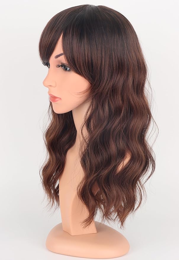Brown Wavy Wigs For Women Synthetic Wigs With Bangs For Daily Use 16 Inch(Ombre Brown)