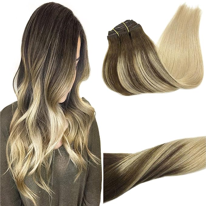 GOO GOO Clip in Hair Extensions Real Human Hair, Remy Human Hair Extensions Clip ins for Women, Natural Human Hair, 22inch 120g 7Pcs, 4/18 Balayage Chocolate Brown Highlighted Dirty Blonde