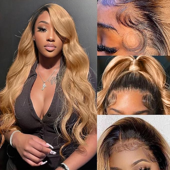 Honey Blonde Lace Front Wigs Human Hair 13x6 Ombre HD Transparent Lace Frontal Wig 12A Body Wave 1B/27 Highlight Lace Front Wigs Glueless Human Hair Wigs for Women Pre Plucked with Baby Hair