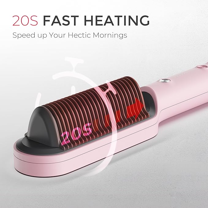 Hair Straightener Brush, TYMO Ring Hair Straightener Comb Straightening Brush for Women with 5 Temps 20s Fast Heating & Dual Voltage, Pink