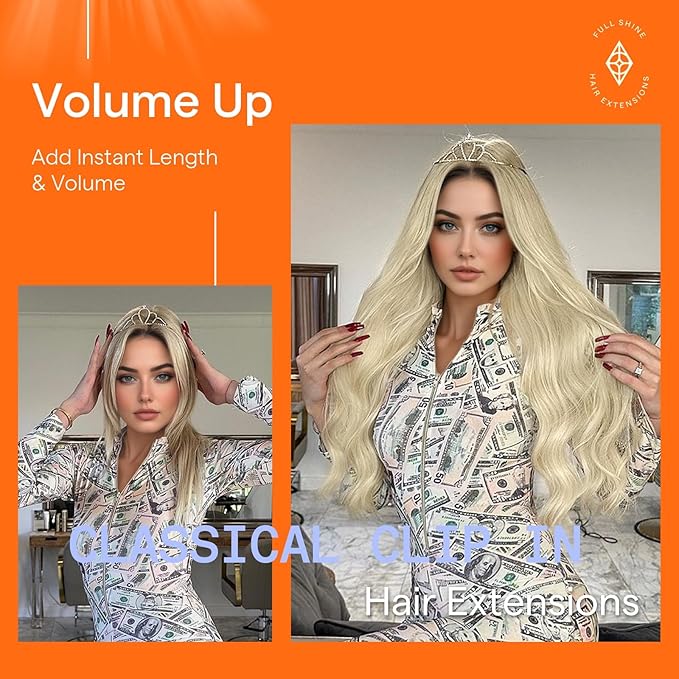 Full Shine Platinum Blonde Hair Extensions Clip ins Blonde Clip in Extensions Real Human Hair Seamless Hair Extensions for Women Triple Weft 16 Inch 7 Pcs 120 G