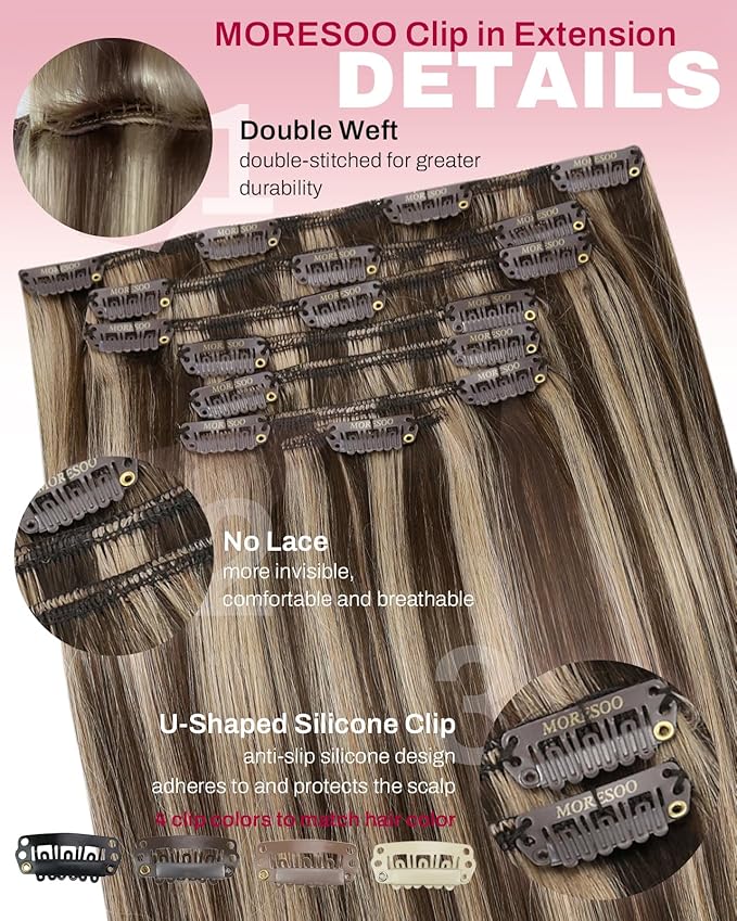 Moresoo Clip in Hair Extensions Remy Double Weft Human Hair Clip in Extensions Straight Hair Extensions for Women Dark Brown Highlight with Caramel Blonde 7pcs 120g 24inch