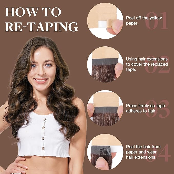 GOO GOO Tape in Hair Extensions Human Hair, 2C/4E/6C Brown Sugar Swirl Highlights, 18inch 50g 20pcs, Skin Weft Seamless Invisible, Silky Straight with Thick Ends, Remy Human Hair