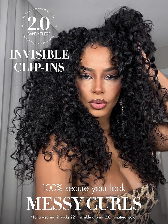 LUVME Invisible Clip in Hair Extensions Messy Curly Real Human Hair, Remy Hair Clip ins for Women, Natural Human Hair, 14 inch 110g 6Pcs, Natural Black
