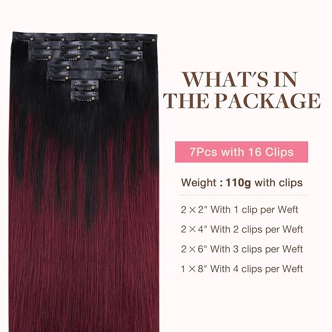 GOO GOO Clip in Hair Extensions Real Human Hair, Remy Human Hair Extensions Clip ins for Women, Natural Human Hair, 14inch 110g 7 Pcs, #1/99j Balayage Jet Black to Red Seamless Blend