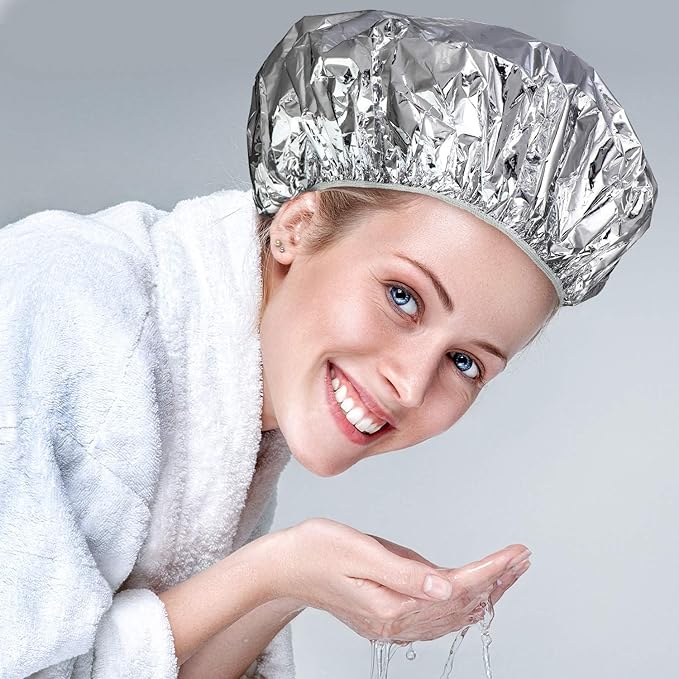 12 Pieces Deep Conditioning Caps Aluminum Foil Reusable Hair Processing Hair Coloring Shower Caps for Home Salon Use(12 Inch,Silvery)