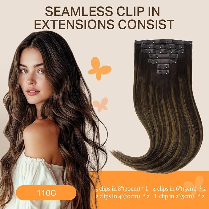 DOORES Seamless Clip-in Hair Extensions, Real Human Remy Hair, Dark Brown to Chestnut Brown, 24 Inch, 7pcs, 120g, Straight Invisi Edge, Skin Weft