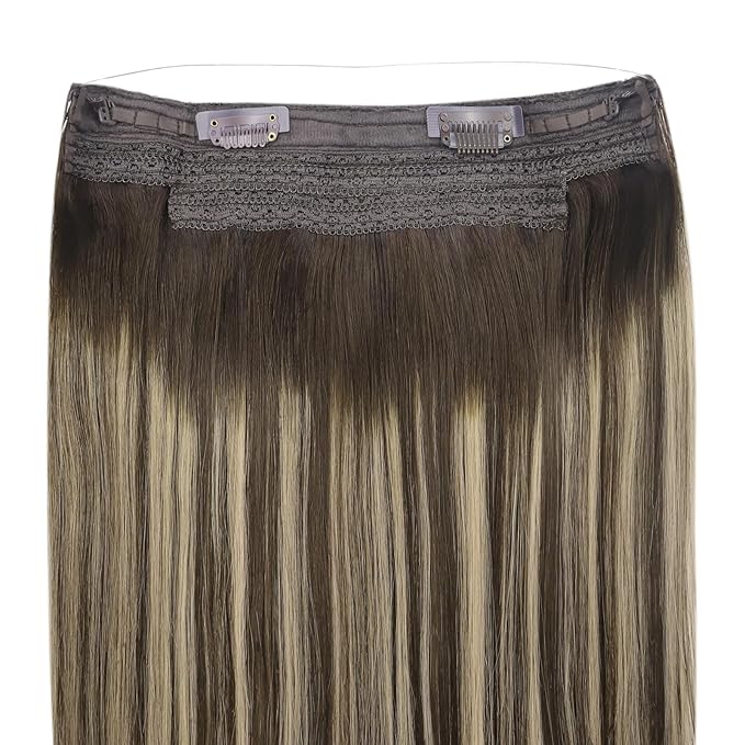 YoungSee Human Hair Wire Extensions Balayage Hair Extensions Wire Ombre Dark Brown with Ash Blonde One Piece Hair Extensions Real Human Hair for Natural Look 18Inch 80G