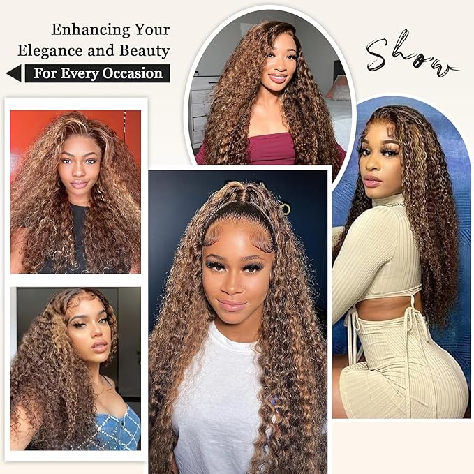 38Inch Highlight Ombre Human Hair Wigs 13x6 HD Honey Blonde Deep Wave Lace Front Wigs Human Hair 180 Density Glueless Deep Wave 4/27 Colored Wet and Wavy Curly Wig Pre Plucked for Women