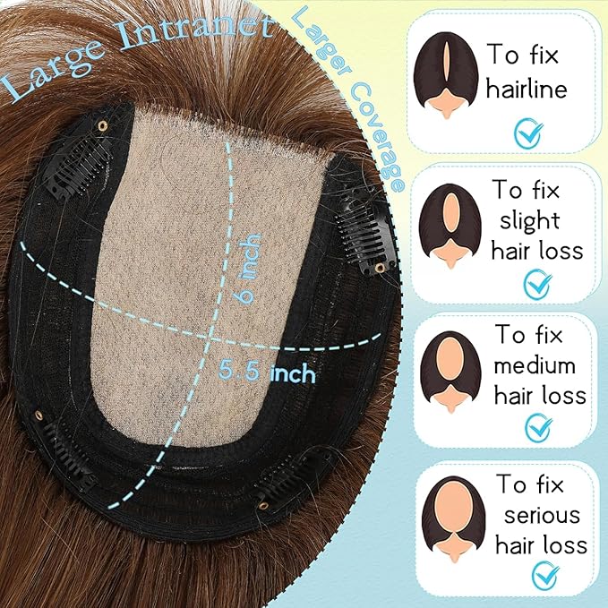 Hair Toppers for Women Real Human Hair, 360° 3D Toppers Pieces for Women with Thinning Crown Wispy Bangs 16 Inch Upgrade Big Basement (Light Brown, 16 Inch Wispy Bangs)