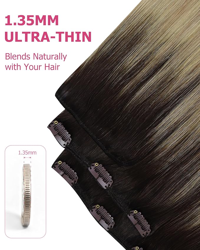 YoungSee 135G Clip in Hair Extensions Human Hair Ombre Blonde Clip on Hair Extensions Ombre Medium Brown to Golden Blonde with Platinum Blonde Human Hair Clip in Extensions 16Inch 7Pcs