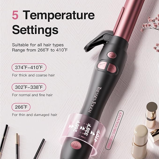 Extra-Long Barrel Rotating Curling Iron with Short Clamp, Automatic Curling Iron 1 Inch Creates Loose Curls – for Medium and Long Hair, High Heat 410°F, Instant Heat up, Double Ceramic, Dual Voltage