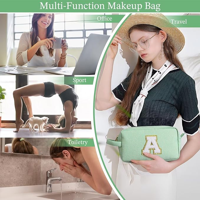 YOOLIFE Gifts for Women, Personalized Birthday Gifts for Women Girlfriend Her Friend Mom Grandma Daughter Wife, Bridesmaid Gifts, Monogram Initial Girls Preppy Makeup Bag, Green I
