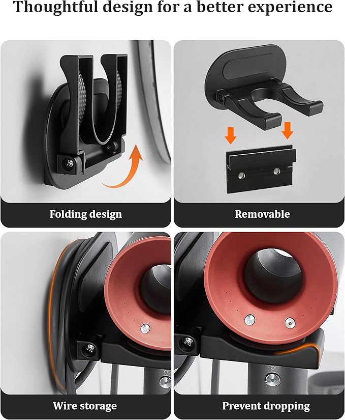 Hair Dryer Holder Wall Mounted,New Upgrade90’ Foldable design Improve space ytilization，Space Organizer for Bathroom Bedroom Washroom (Black, Aluminum Alloy)