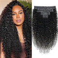 Seamless Kinky Curly Clip in Hair Extensions Real Human hair For Women Brazilian Virgin 3c 4a Curly Clip ins Human Hair Extensions (20inch,#1B)