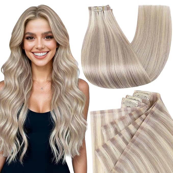 Full Shine Clip in Hair Extensions 16 inch 140g 8Pcs Seamless Clip in Hair Extensions Human Hair Ash Blonde Mix Platinum Blonde Remy Hair Clip ins