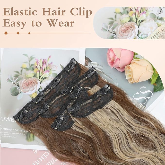 Clip in Hair Extensions, 20 Inch Caramel Brown Mixed Honey Blonde Hair Extensions for Women 4PCS Long Wavy