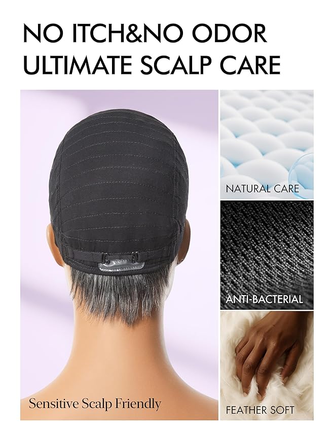 LUVME HAIR Ultra Comfort Salt & Pepper Gray Wigs Throw On & Go Short Pixie Cut with Bangs 5 Inches Skin Friendly Cotton Cap 100% Real Human Hair Glueless Wig Glueless Wig Hair Full Machine Made