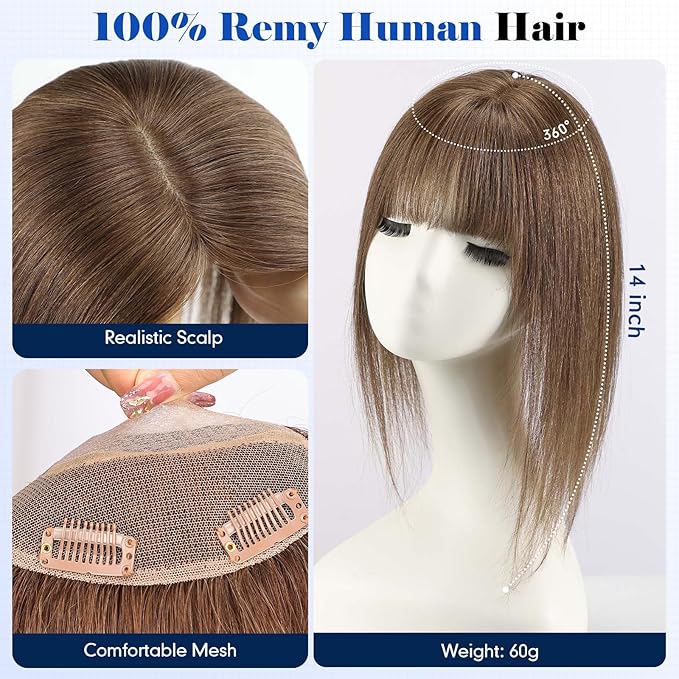 HAIRCUBE Hair Toppers For Women With Thinning 5"*5" Large Base Real Hair Toppers For Women, 14 Inch For Hand-Woven, 60g, Silk, Natural, realistic, Use Daily, Hairloss, Brown, with bangs