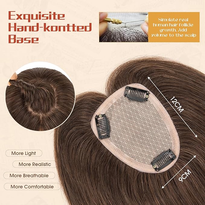 Rich Choices Human Hair Toppers for Women-100% Real Remy Hair Topper No Bang-Upgraded 150% Density 9 * 12CM Lace Base-Clip in Hairs Topper for Thinning Hairs-12Inch #2R Chocolate Brown