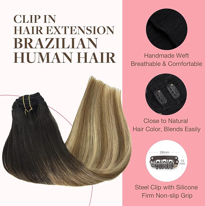 GOO GOO Clip in Hair Extensions Real Human Hair, Remy Human Hair Extensions Clip ins for Women, Natural Human Hair, 24inch 120g 7Pcs, 2/6/18 Balayage Brown to Dirty Blonde