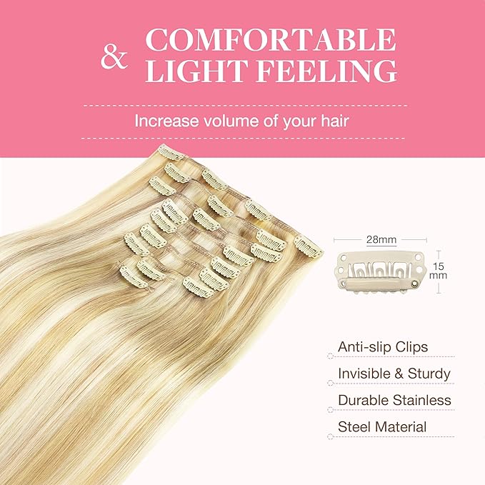 GOO GOO Clip in Hair Extensions Real Human Hair, Remy Human Hair Extensions Clip ins for Women, Natural Human Hair, 18inch 150g 9Pcs, 18D/22F Dirty Blonde Highlights